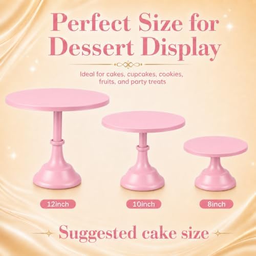 3 Pcs Pink Cake Stand Set Metal Round Pedestal Dessert Pie Pizza Display Stands 8" 10" 12" Serving Tray, alternate view 2