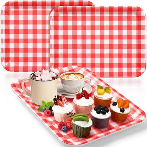 3 Pcs Red Gingham Serving Trays 13 x 10 Inch Plaid Melamine Platter in 13 x 10 Inch in Red