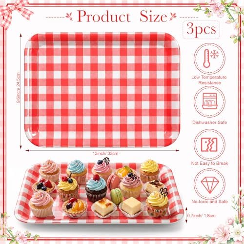 3 Pcs Red Gingham Serving Trays 13 x 10 Inch Plaid Melamine Platter in 13 x 10 Inch in Red, alternate view 3