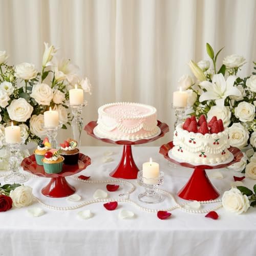 3 Pcs Red Metal Cupcake Stand Scalloped Edge Dessert Display Tray in Red-large