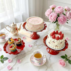 3 Pcs Red Metal Cupcake Stand Scalloped Edge Dessert Display Tray in Red-large, alternate view 4