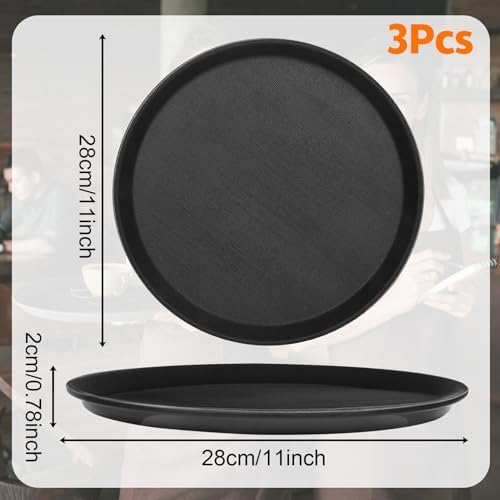 3 Pcs Round Serving Tray, 11 Inch Non Slip Surface Round Tray Black Server Tray Plastic Food Meals Server with, alternate