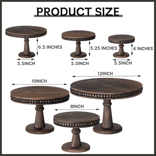 3 Pcs Round Wood Cake Stand Set Beaded Wooden Rustic Farmhouse Cupcake Pedestal Stand 8/10/12 Inch Dessert, alternate view 3