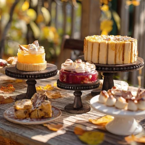 3 Pcs Round Wood Cake Stand Set Beaded Wooden Rustic Farmhouse Cupcake Pedestal Stand 8/10/12 Inch Dessert, alternate view 5