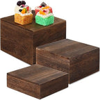 3 Pcs Rustic Wood Risers for Display, Square Nesting Cupcake Stands in burnt wood color
