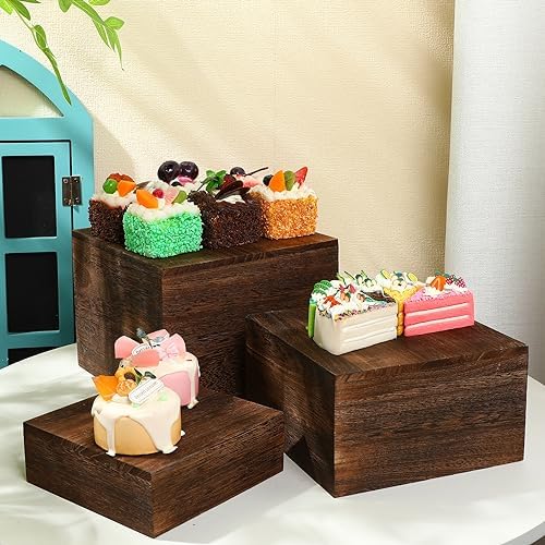 3 Pcs Rustic Wood Risers for Display, Square Nesting Cupcake Stands in burnt wood color, alternate view 2