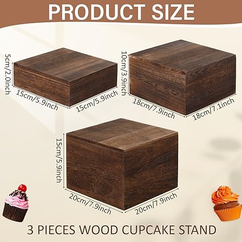 3 Pcs Rustic Wood Risers for Display, Square Nesting Cupcake Stands in burnt wood color, alternate view 3