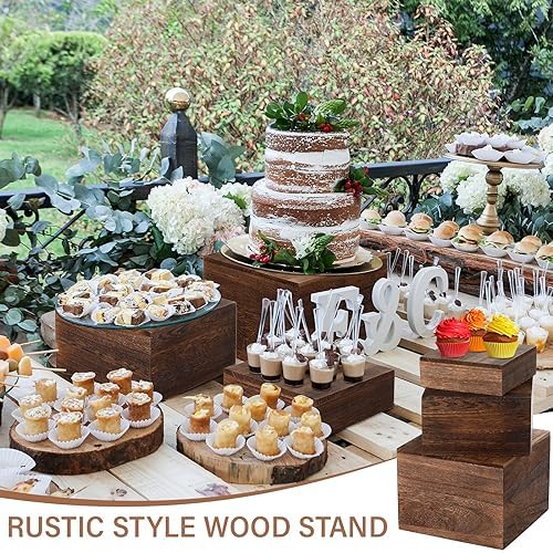 3 Pcs Rustic Wood Risers for Display, Square Nesting Cupcake Stands in burnt wood color, alternate view 4