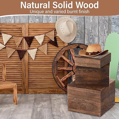 3 Pcs Rustic Wood Risers for Display, Square Nesting Cupcake Stands in burnt wood color, alternate view 5