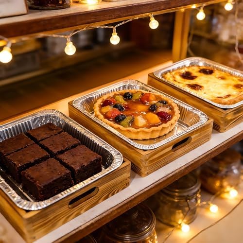 3-Pcs Rustic Wooden Foil Pan Holder with 9x13 Disposable Aluminum Foil Pan