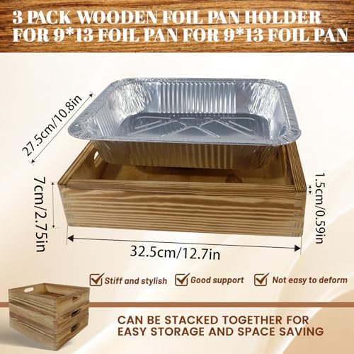 3-Pcs Rustic Wooden Foil Pan Holder with 9x13 Disposable Aluminum Foil Pan, alternate view 2