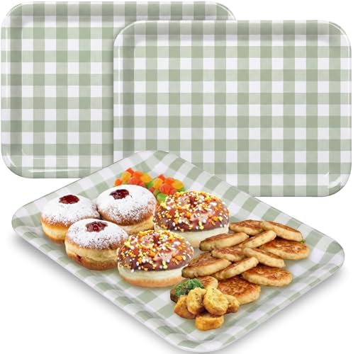3 Pcs Sage Green Gingham Serving Trays 13 x 10 Inch Melamine Platter in 13 x 10 Inch in Sage Green