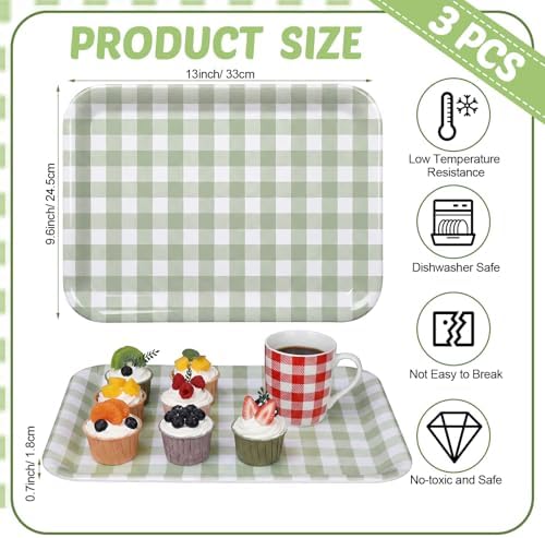 3 Pcs Sage Green Gingham Serving Trays 13 x 10 Inch Melamine Platter in 13 x 10 Inch in Sage Green, alternate view 3