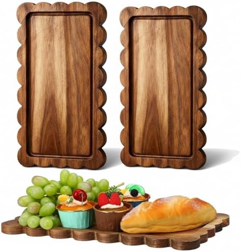 3 Pcs Scalloped Acacia Wood Serving Platters and Trays, 14 x 5.5 Inch Acacia Wood Serving Tray Charcuterie
