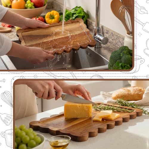 3 Pcs Scalloped Acacia Wood Serving Platters and Trays, 14 x 5.5 Inch Acacia Wood Serving Tray Charcuterie, alternate view 6