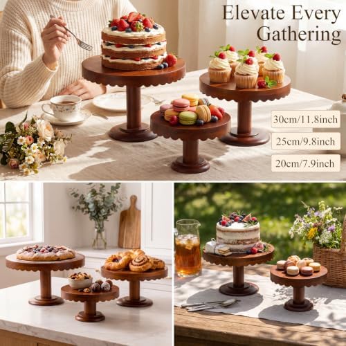3 Pcs Scalloped Wooden Cake Stand Set Rustic Cupcake Stand, Wood in Wood, alternate view 5
