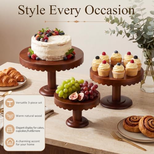 3 Pcs Scalloped Wooden Cake Stand Set Rustic Cupcake Stand, Wood in Wood, alternate view 6
