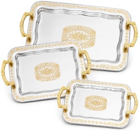 3 Pcs Silver Serving Trays with Handles in Silver, Gold