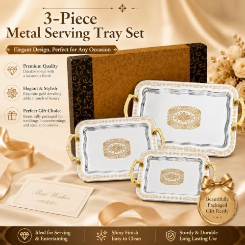 3 Pcs Silver Serving Trays with Handles in Silver, Gold, alternate view 4