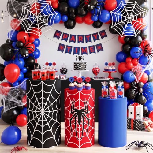 3 Pcs Spider Web Superhero Cylinder Cover Set, Spandex Pedestal Plinth Stand Covers for Boys Birthday Party, alternate view 2