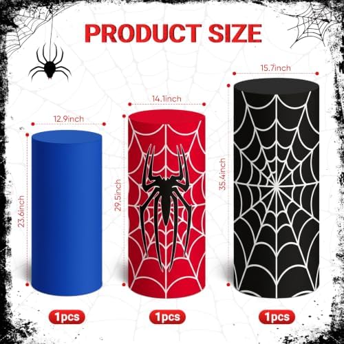 3 Pcs Spider Web Superhero Cylinder Cover Set, Spandex Pedestal Plinth Stand Covers for Boys Birthday Party, alternate view 3
