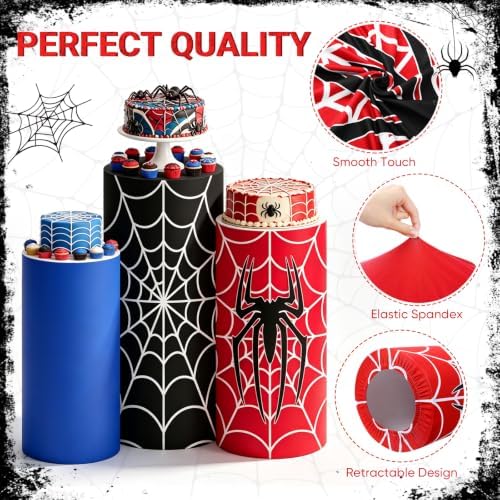3 Pcs Spider Web Superhero Cylinder Cover Set, Spandex Pedestal Plinth Stand Covers for Boys Birthday Party, alternate view 4