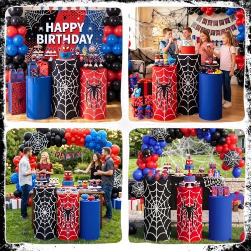 3 Pcs Spider Web Superhero Cylinder Cover Set, Spandex Pedestal Plinth Stand Covers for Boys Birthday Party, alternate view 7