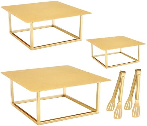 3 Pcs Square Gold Cake Stand Set, 8" 10" 12" Metal in Gold