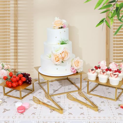 3 Pcs Square Gold Cake Stand Set, 8" 10" 12" Metal in Gold, alternate view 2