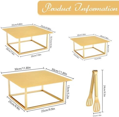 3 Pcs Square Gold Cake Stand Set, 8" 10" 12" Metal in Gold, alternate view 3
