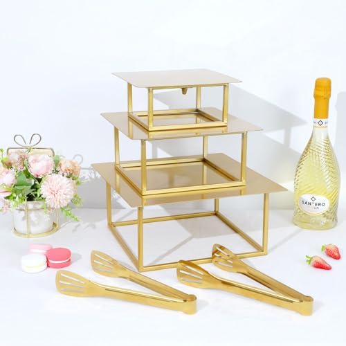 3 Pcs Square Gold Cake Stand Set, 8" 10" 12" Metal in Gold, alternate view 4