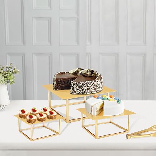 3 Pcs Square Gold Cake Stand Set, 8" 10" 12" Metal in Gold, alternate view 5