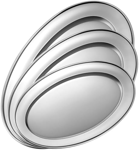 3 Pcs Stainless Steel Serving Tray Large Oval Platter Heavy Duty in Large in Silver