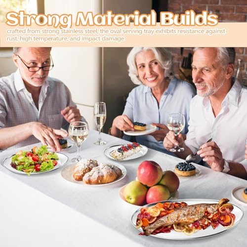 3 Pcs Stainless Steel Serving Tray Large Oval Platter Heavy Duty in Large in Silver, alternate view 2