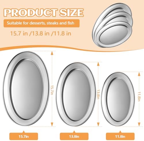3 Pcs Stainless Steel Serving Tray Large Oval Platter Heavy Duty in Large in Silver, alternate view 3