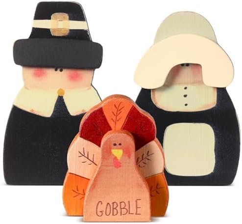 3 Pcs Thanksgiving Decor Fall Pilgrim Turkey Wooden Tabletop