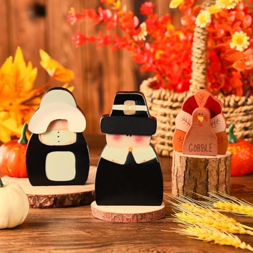 3 Pcs Thanksgiving Decor Fall Pilgrim Turkey Wooden Tabletop, alternate view 2