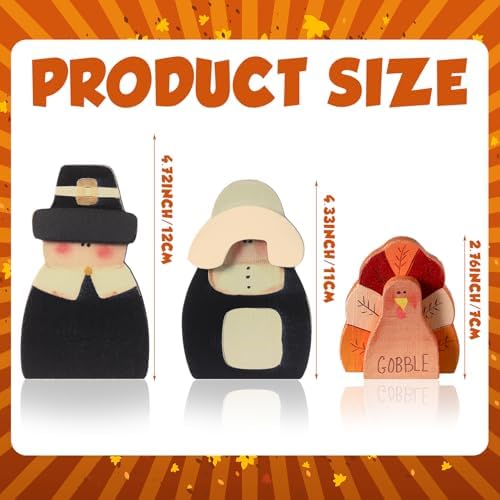 3 Pcs Thanksgiving Decor Fall Pilgrim Turkey Wooden Tabletop, alternate view 3