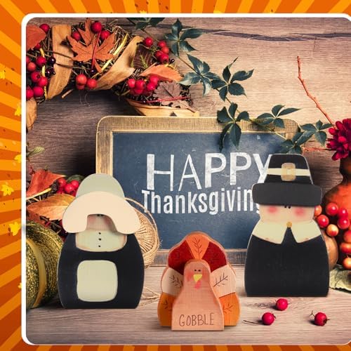 3 Pcs Thanksgiving Decor Fall Pilgrim Turkey Wooden Tabletop, alternate view 4