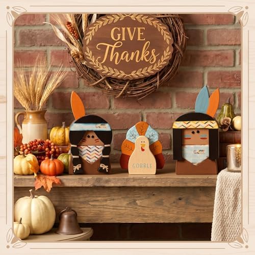 3 Pcs Thanksgiving Decorations Wooden Turkey Pilgrim Table Sign, alternate view 2