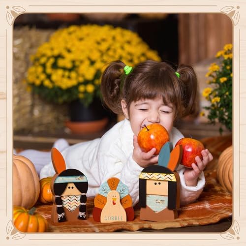 3 Pcs Thanksgiving Decorations Wooden Turkey Pilgrim Table Sign, alternate view 4