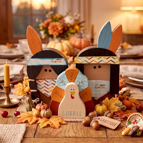 3 Pcs Thanksgiving Decorations Wooden Turkey Pilgrim Table Sign, alternate view 5