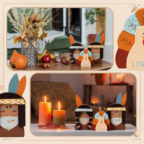 3 Pcs Thanksgiving Decorations Wooden Turkey Pilgrim Table Sign, alternate view 6