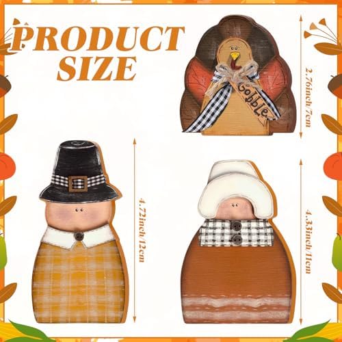 3 Pcs Thanksgiving Table Decor Wooden Turkey Pilgrim Couple, alternate view 3
