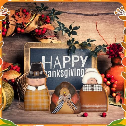 3 Pcs Thanksgiving Table Decor Wooden Turkey Pilgrim Couple, alternate view 4