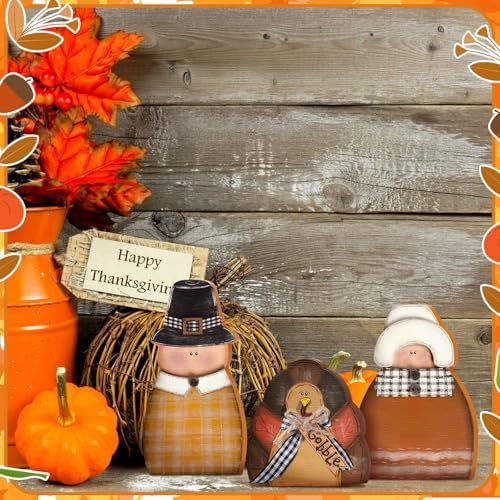 3 Pcs Thanksgiving Table Decor Wooden Turkey Pilgrim Couple, alternate view 5