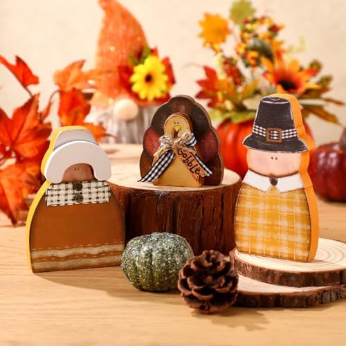 3 Pcs Thanksgiving Table Decor Wooden Turkey Pilgrim Couple, alternate view 6