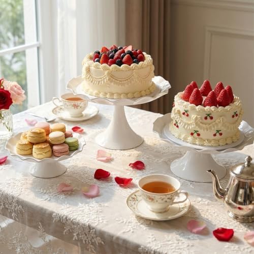 3 Pcs White Metal Cupcake Stand Scalloped Edge Dessert Display Tray in White-large