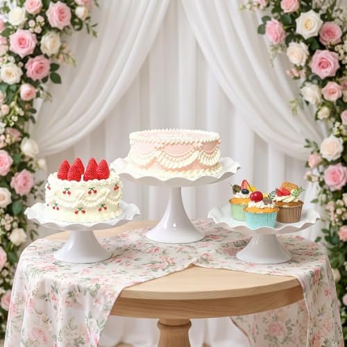3 Pcs White Metal Cupcake Stand Scalloped Edge Dessert Display Tray in White-large, alternate view 3