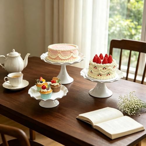 3 Pcs White Metal Cupcake Stand Scalloped Edge Dessert Display Tray in White-large, alternate view 7